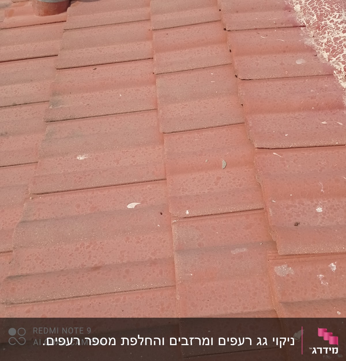 רעפים אדומים על גג עם כתמי לכלוך